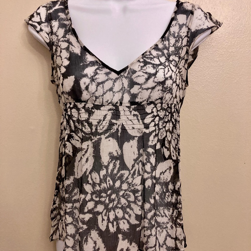 White House Black Market Sheer Silk Top with V-neck and Cap Sleeves